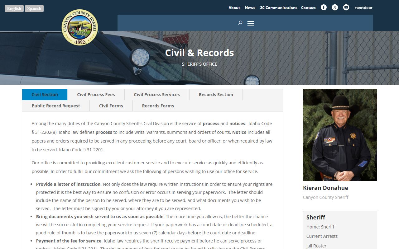 Canyon County booking photo public records request information