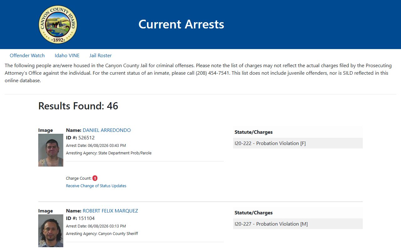 Canyon County jail mugshots current arrests booking photo list