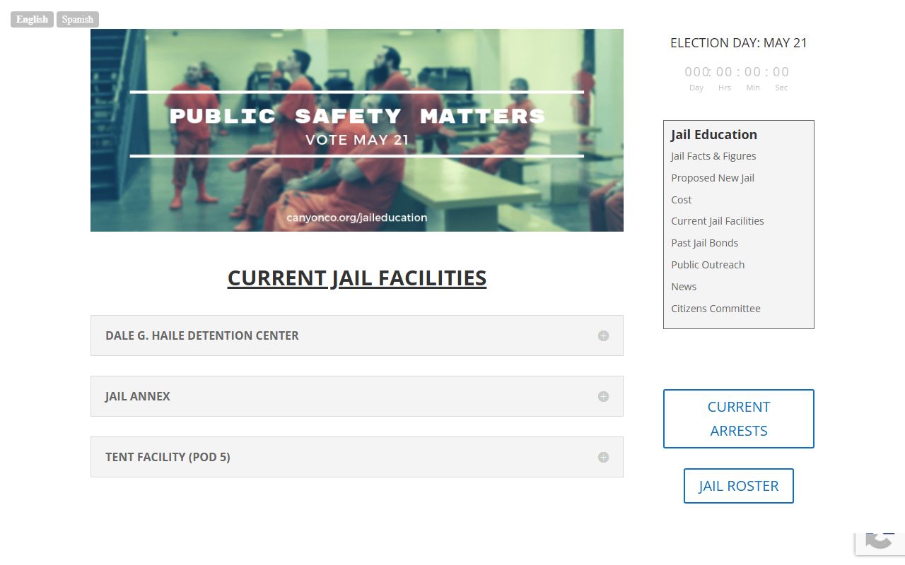 Canyon County current jail facilities page listing Tent Facility Pod 5