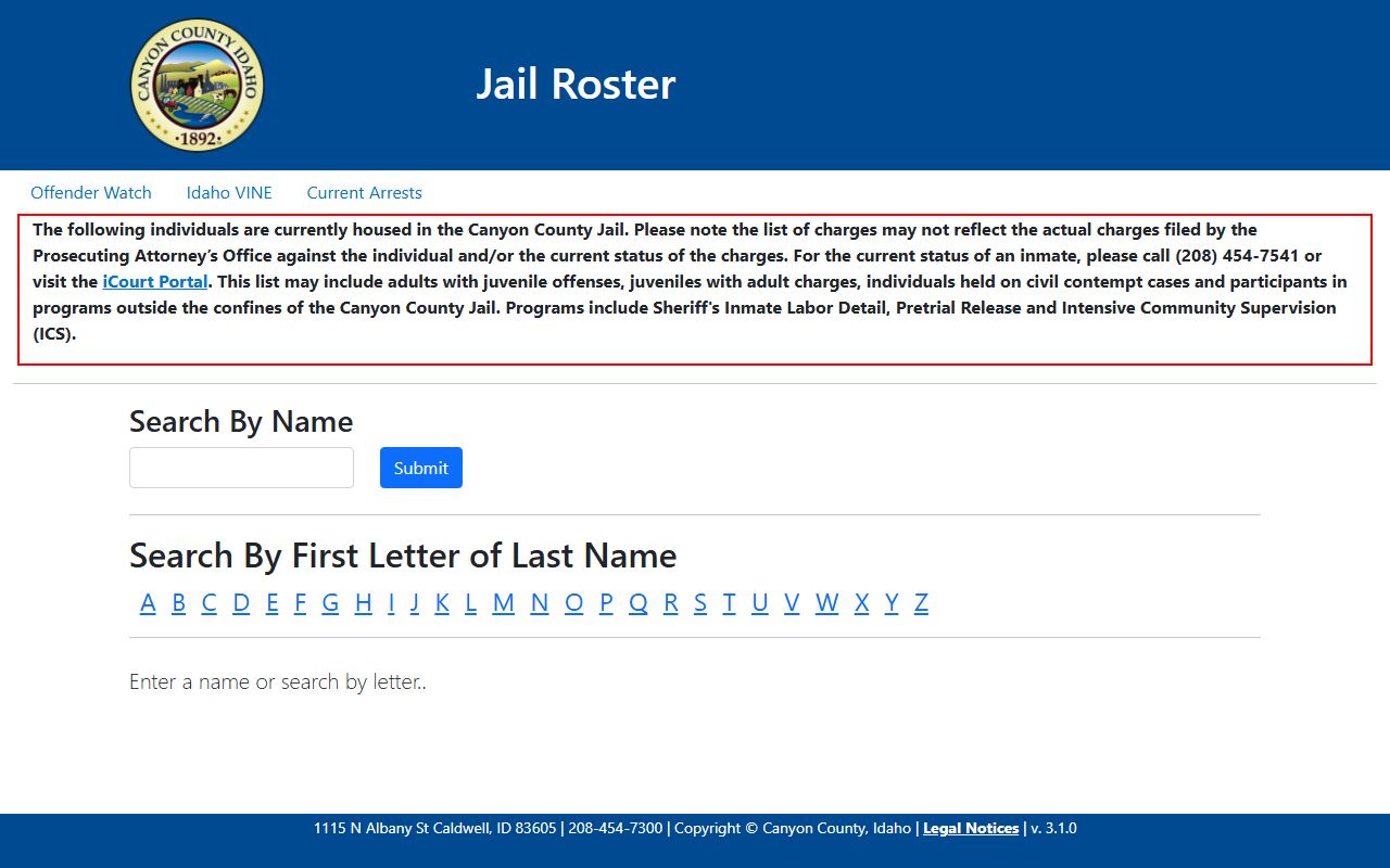 Official Canyon County Jail Roster search form for Dale G. Haile Detention Center inmates