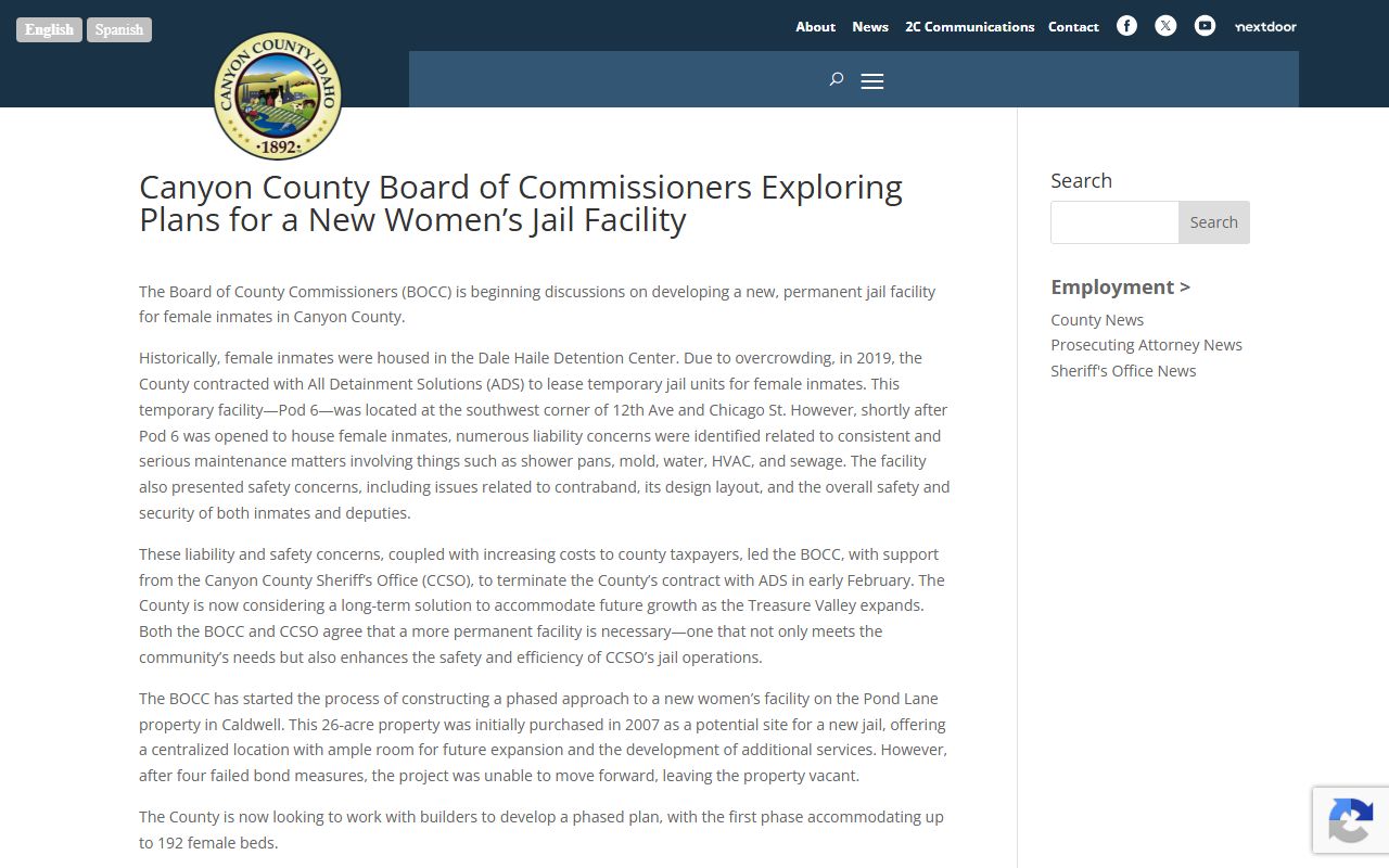 Canyon County inmate population women's jail planning article