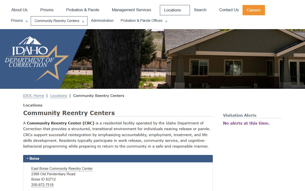IDOC Community Reentry Centers page listing Nampa Community Reentry Center
