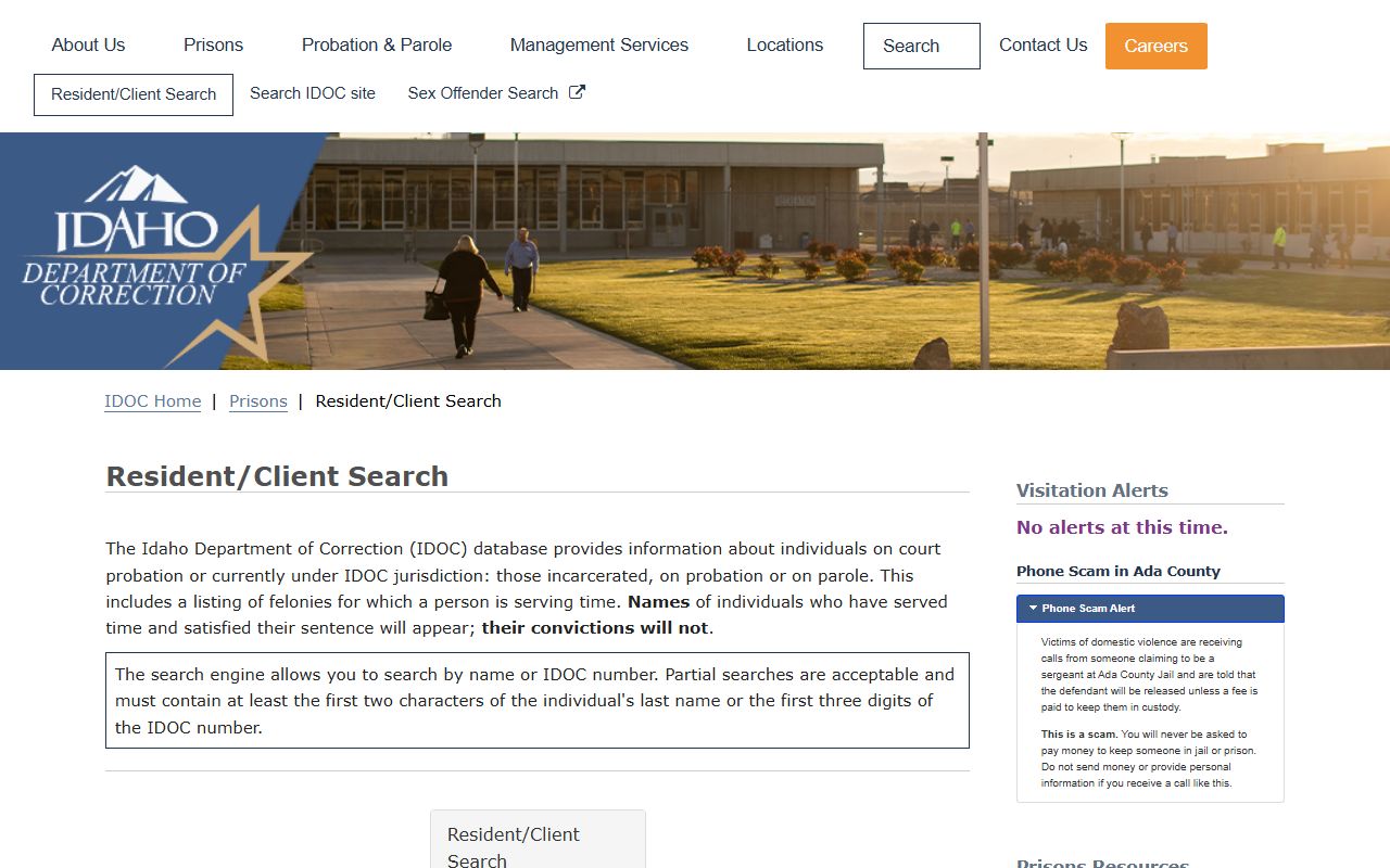 IDOC Resident Client Search form used for Nampa Community Reentry Center residents
