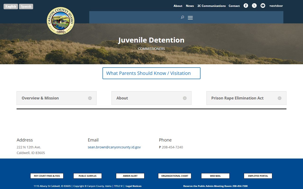 Southwest Idaho Juvenile Detention Center official county page showing secure juvenile detention details